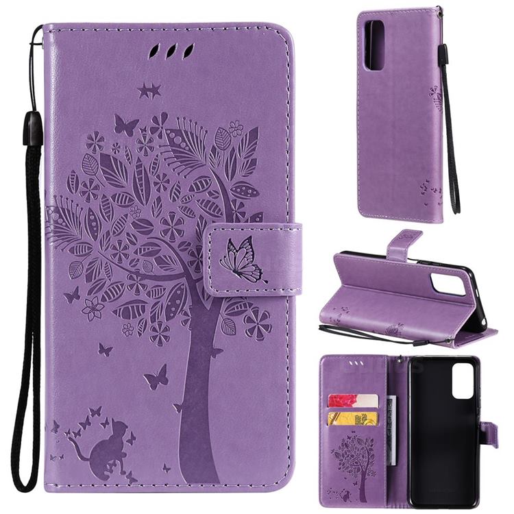 Embossing Butterfly Tree Leather Wallet Case for Xiaomi Redmi Note 10 5G - Violet