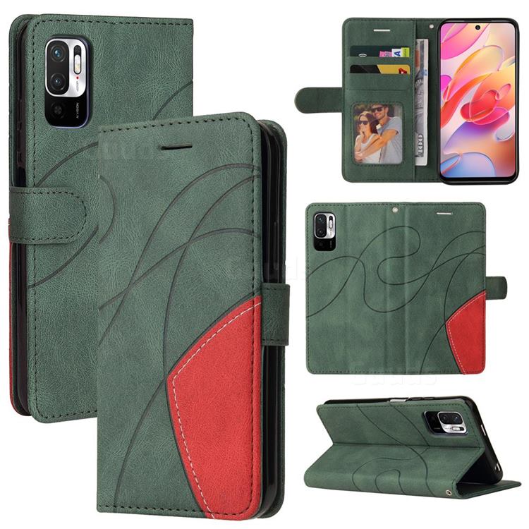 Luxury Two-color Stitching Leather Wallet Case Cover for Xiaomi Redmi Note 10 5G - Green