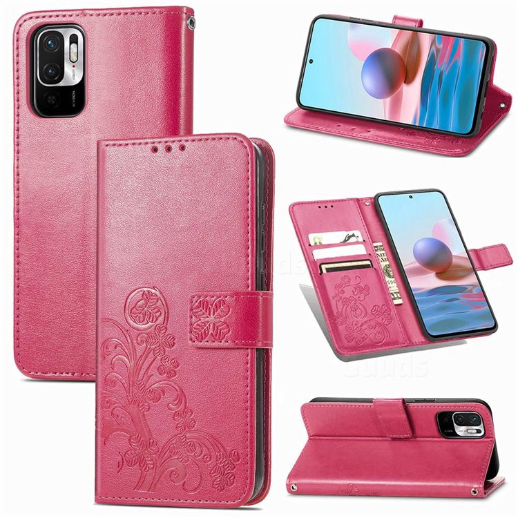 Embossing Imprint Four-Leaf Clover Leather Wallet Case for Xiaomi Redmi Note 10 5G - Rose Red