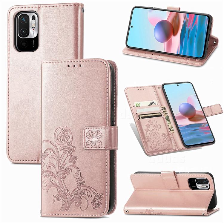 Embossing Imprint Four-Leaf Clover Leather Wallet Case for Xiaomi Redmi Note 10 5G - Rose Gold