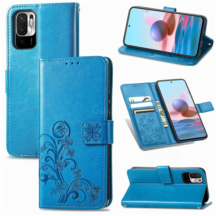 Embossing Imprint Four-Leaf Clover Leather Wallet Case for Xiaomi Redmi Note 10 5G - Blue