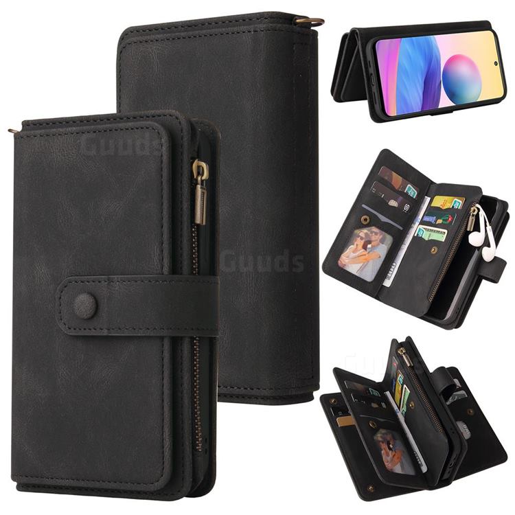 Luxury Multi-functional Zipper Wallet Leather Phone Case Cover for Xiaomi Redmi Note 10 5G - Black