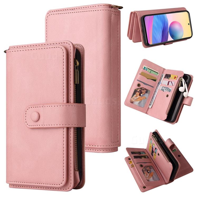 Luxury Multi-functional Zipper Wallet Leather Phone Case Cover for Xiaomi Redmi Note 10 5G - Pink