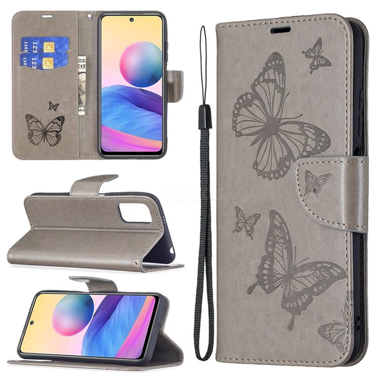 Embossing Double Butterfly Leather Wallet Case for Xiaomi Redmi Note 10 5G - Gray