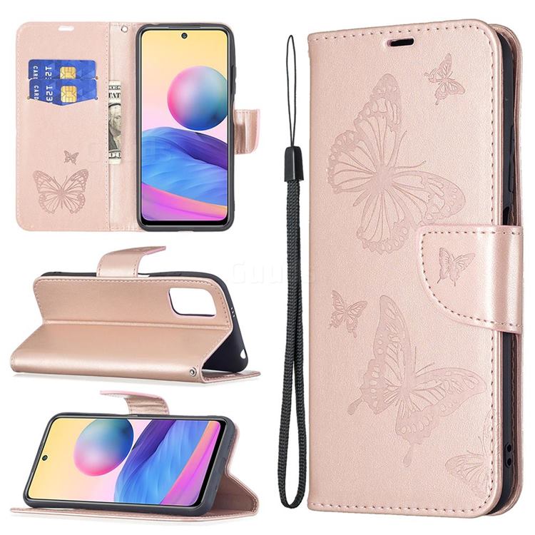 Embossing Double Butterfly Leather Wallet Case for Xiaomi Redmi Note 10 5G - Rose Gold