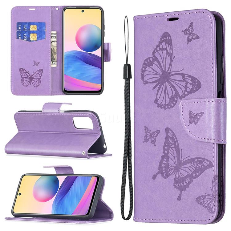 Embossing Double Butterfly Leather Wallet Case for Xiaomi Redmi Note 10 5G - Purple