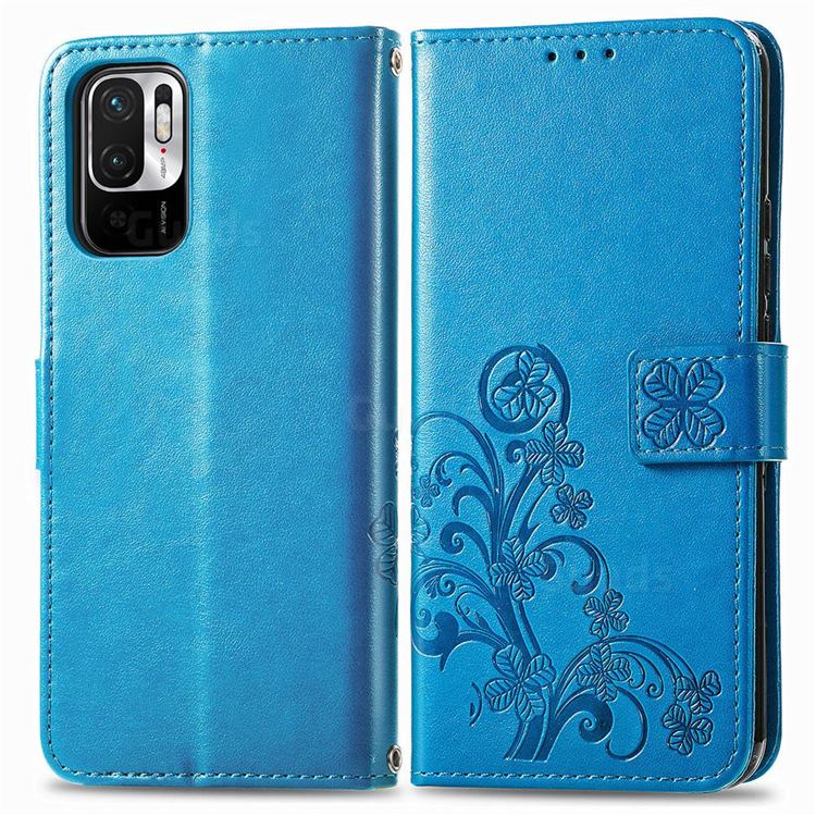 Embossing Imprint Four-Leaf Clover Leather Wallet Case for Xiaomi Redmi Note 10 JE - Blue