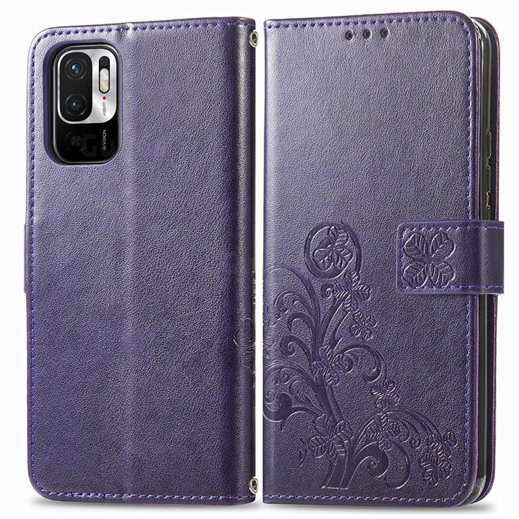 Embossing Imprint Four-Leaf Clover Leather Wallet Case for Xiaomi Redmi Note 10 JE - Purple
