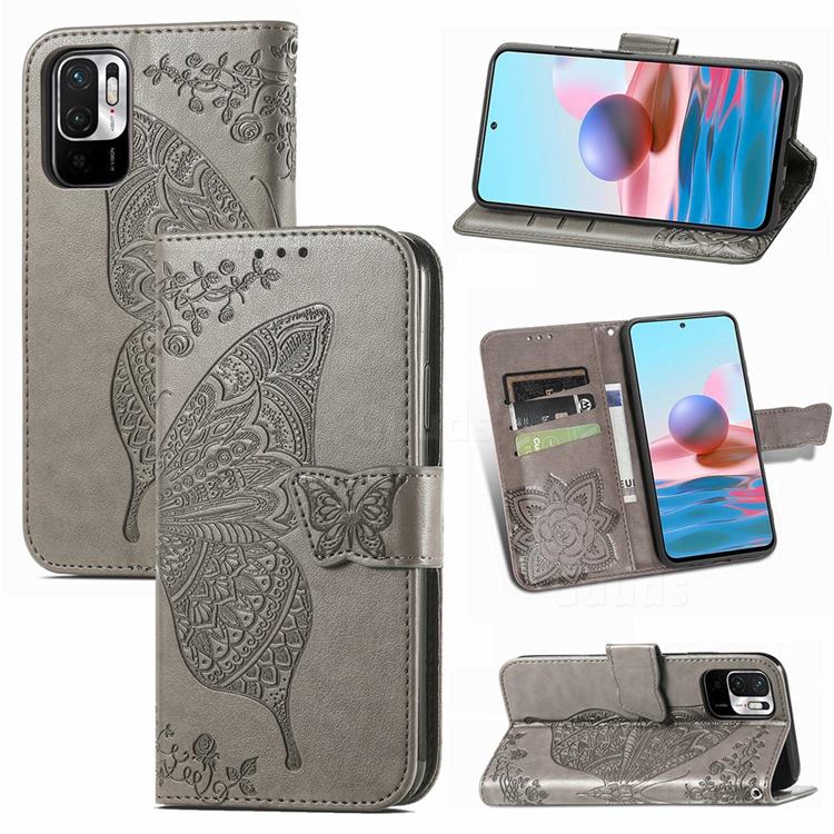 Embossing Mandala Flower Butterfly Leather Wallet Case for Xiaomi Redmi Note 10 JE - Gray