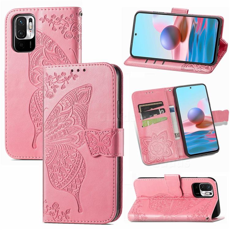 Embossing Mandala Flower Butterfly Leather Wallet Case for Xiaomi Redmi Note 10 JE - Pink