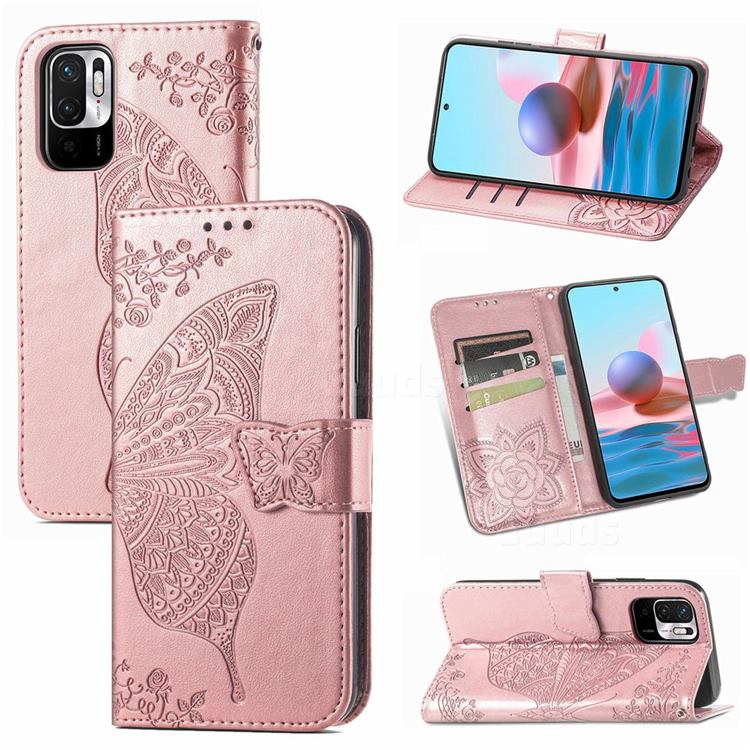 Embossing Mandala Flower Butterfly Leather Wallet Case for Xiaomi Redmi Note 10 JE - Rose Gold