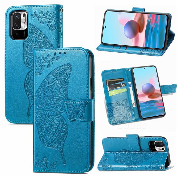 Embossing Mandala Flower Butterfly Leather Wallet Case for Xiaomi Redmi Note 10 JE - Blue