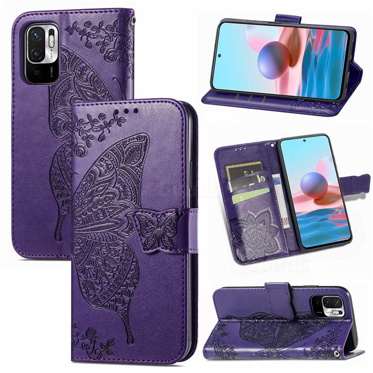 Embossing Mandala Flower Butterfly Leather Wallet Case for Xiaomi Redmi Note 10 JE - Dark Purple