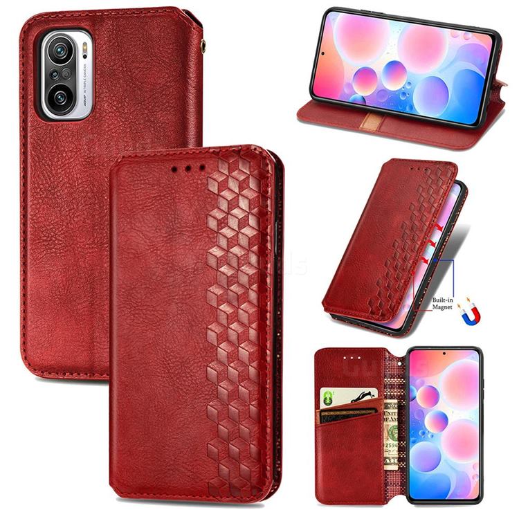 Ultra Slim Fashion Business Card Magnetic Automatic Suction Leather Flip Cover for Xiaomi Redmi Note 10 Pro / Note 10 Pro Max - Red