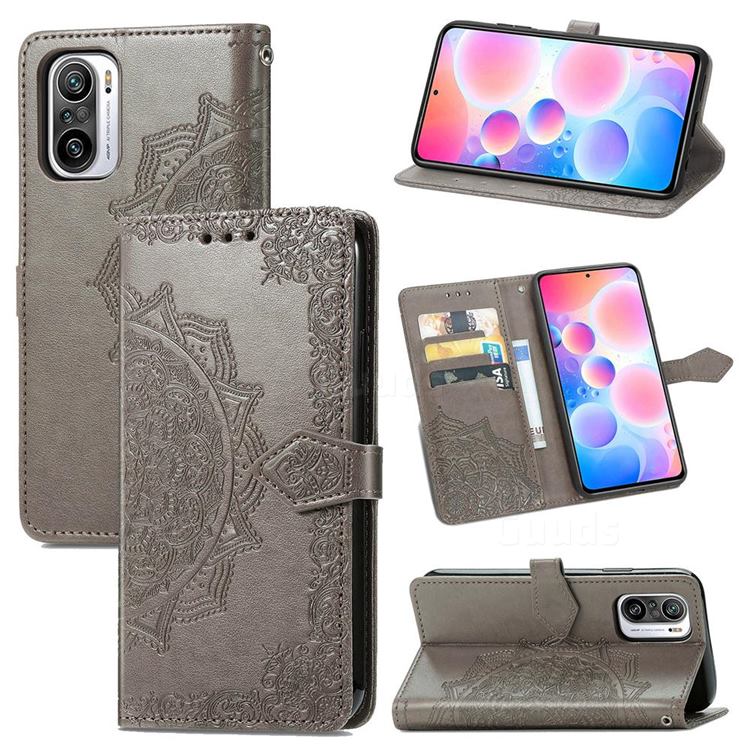 Embossing Imprint Mandala Flower Leather Wallet Case for Xiaomi Redmi Note 10 Pro / Note 10 Pro Max - Gray