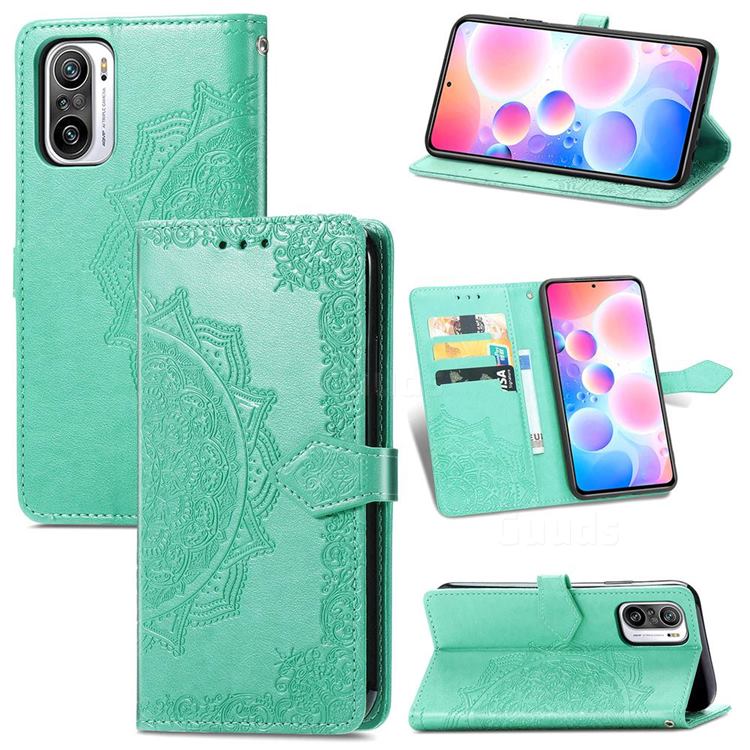 Embossing Imprint Mandala Flower Leather Wallet Case for Xiaomi Redmi Note 10 Pro / Note 10 Pro Max - Green