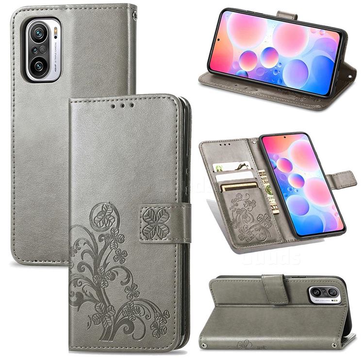 Embossing Imprint Four-Leaf Clover Leather Wallet Case for Xiaomi Redmi Note 10 Pro / Note 10 Pro Max - Grey
