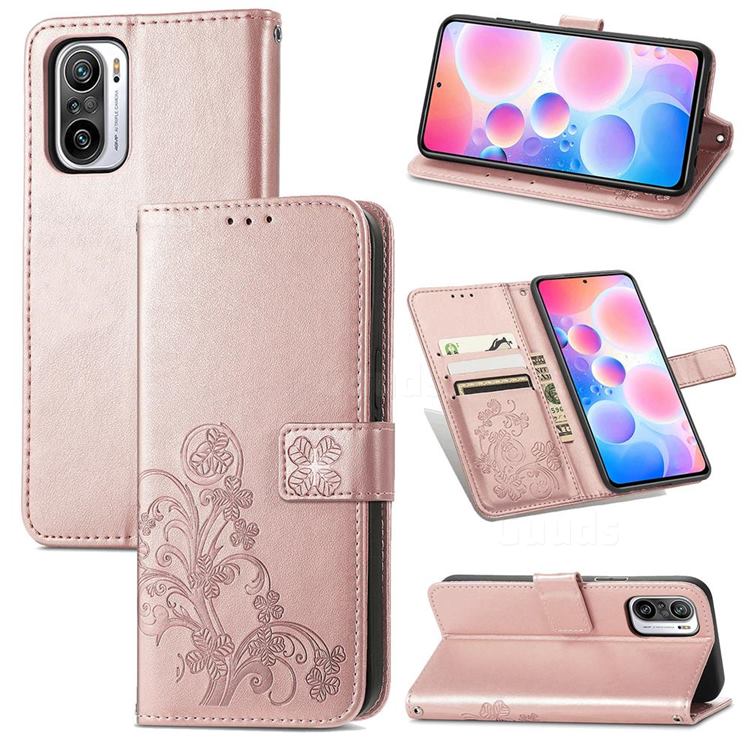 Embossing Imprint Four-Leaf Clover Leather Wallet Case for Xiaomi Redmi Note 10 Pro / Note 10 Pro Max - Rose Gold
