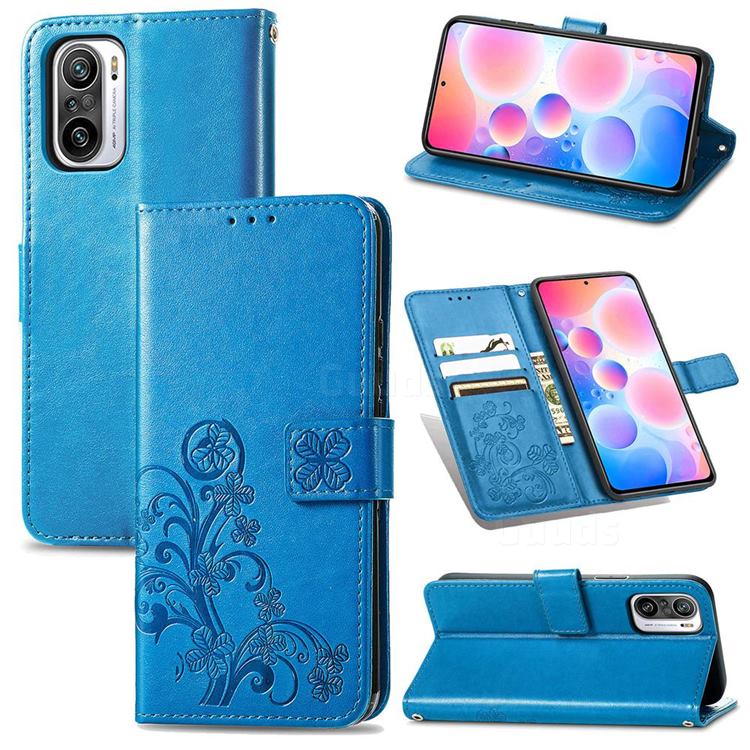 Embossing Imprint Four-Leaf Clover Leather Wallet Case for Xiaomi Redmi Note 10 Pro / Note 10 Pro Max - Blue
