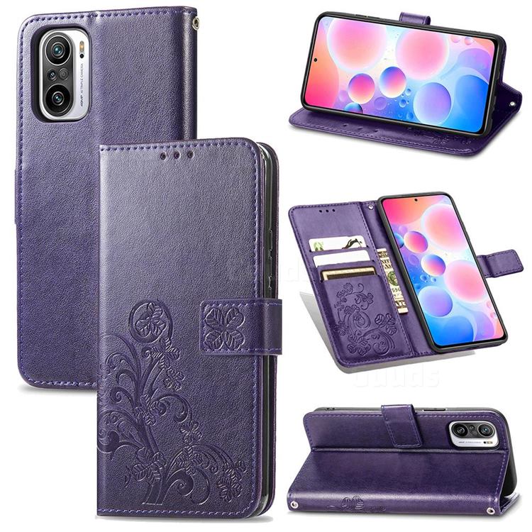 Embossing Imprint Four-Leaf Clover Leather Wallet Case for Xiaomi Redmi Note 10 Pro / Note 10 Pro Max - Purple