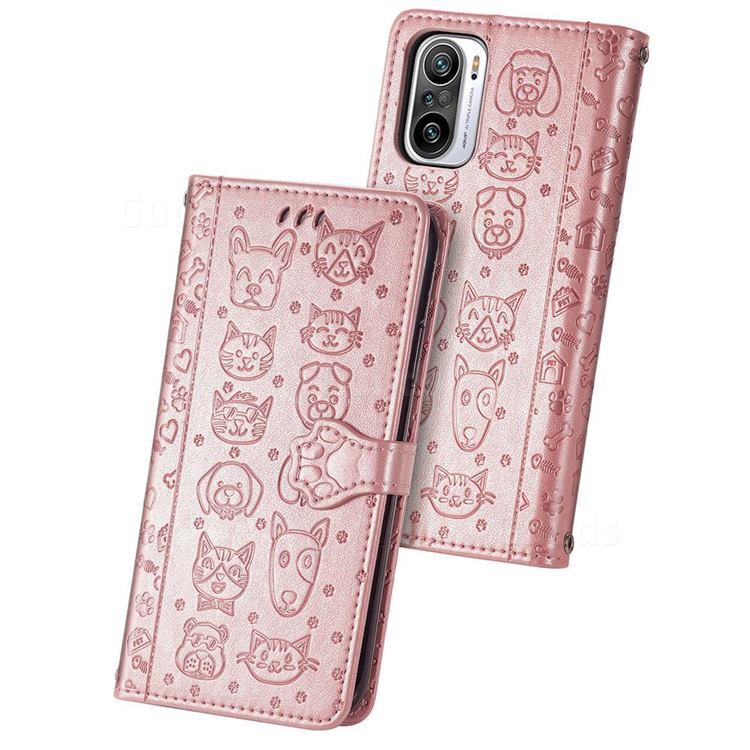Embossing Dog Paw Kitten and Puppy Leather Wallet Case for Xiaomi Redmi Note 10 Pro / Note 10 Pro Max - Rose Gold