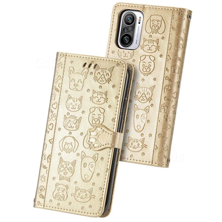 Embossing Dog Paw Kitten and Puppy Leather Wallet Case for Xiaomi Redmi Note 10 Pro / Note 10 Pro Max - Champagne Gold