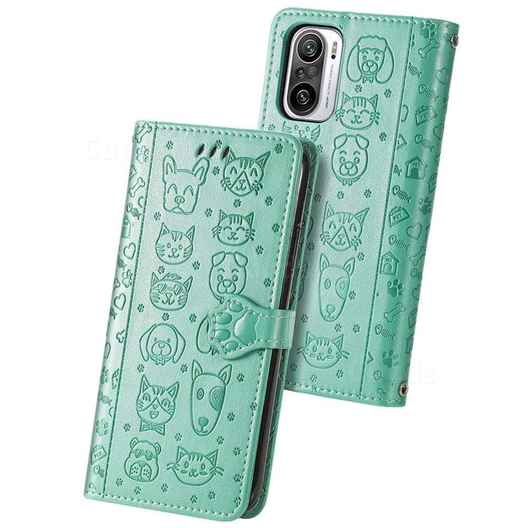 Embossing Dog Paw Kitten and Puppy Leather Wallet Case for Xiaomi Redmi Note 10 Pro / Note 10 Pro Max - Green