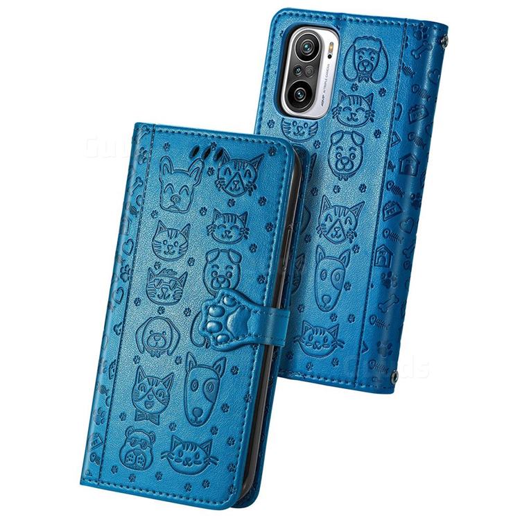 Embossing Dog Paw Kitten and Puppy Leather Wallet Case for Xiaomi Redmi Note 10 Pro / Note 10 Pro Max - Blue