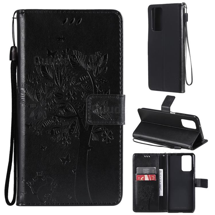 Embossing Butterfly Tree Leather Wallet Case for Xiaomi Redmi Note 10 Pro / Note 10 Pro Max - Black