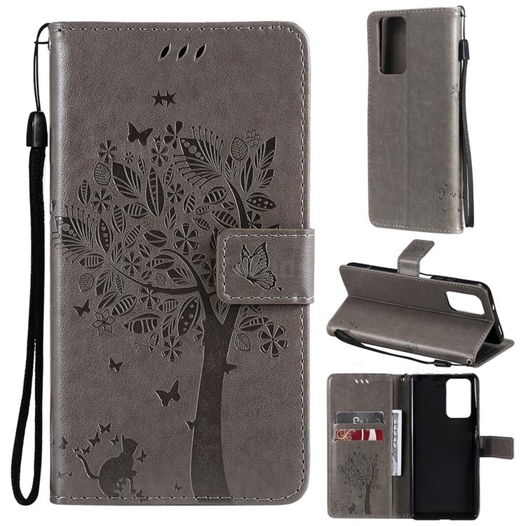 Embossing Butterfly Tree Leather Wallet Case for Xiaomi Redmi Note 10 Pro / Note 10 Pro Max - Grey