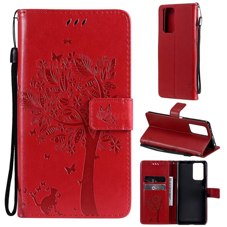 Embossing Butterfly Tree Leather Wallet Case for Xiaomi Redmi Note 10 Pro / Note 10 Pro Max - Red