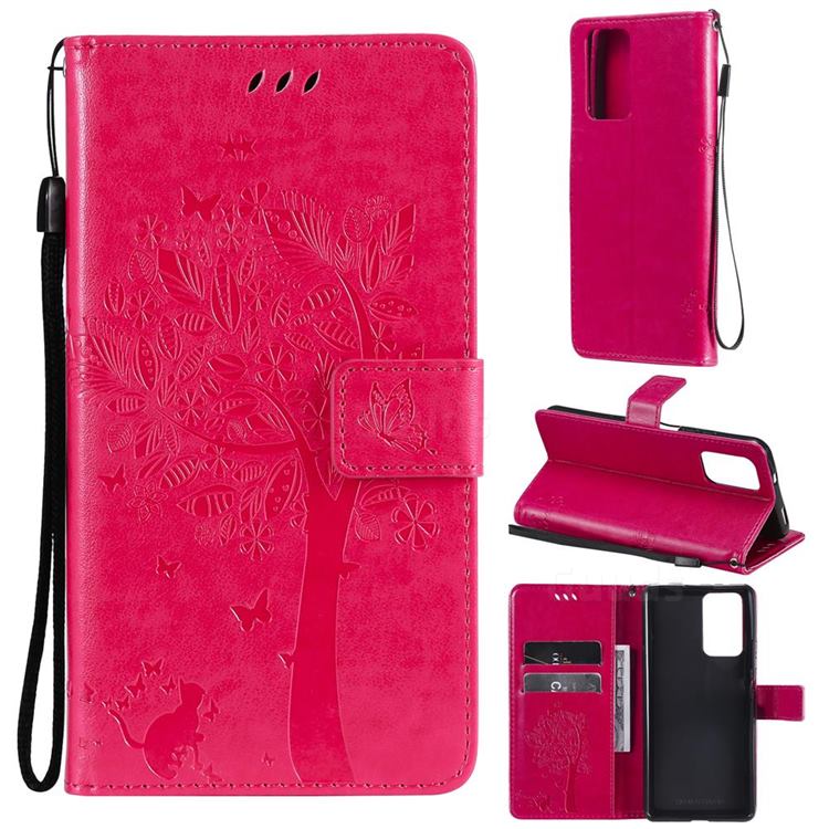 Embossing Butterfly Tree Leather Wallet Case for Xiaomi Redmi Note 10 Pro / Note 10 Pro Max - Rose