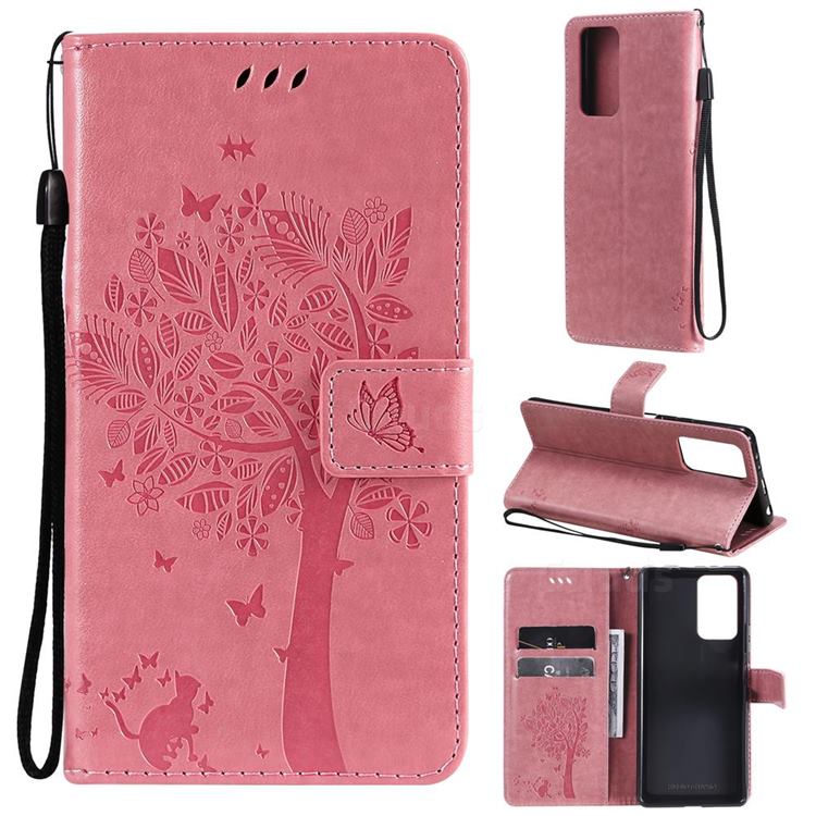Embossing Butterfly Tree Leather Wallet Case for Xiaomi Redmi Note 10 Pro / Note 10 Pro Max - Pink