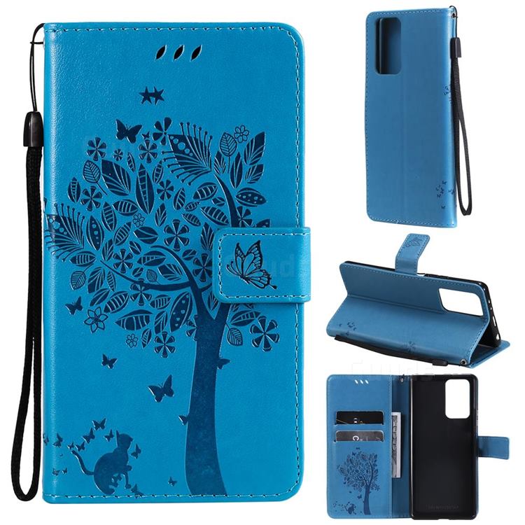 Embossing Butterfly Tree Leather Wallet Case for Xiaomi Redmi Note 10 Pro / Note 10 Pro Max - Blue