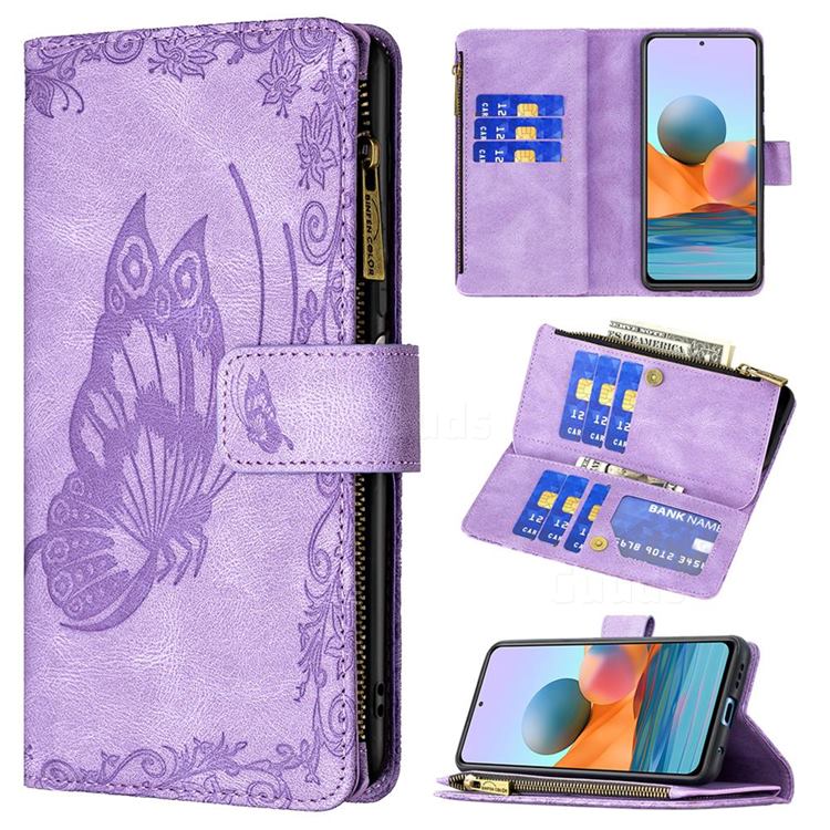 Binfen Color Imprint Vivid Butterfly Buckle Zipper Multi-function Leather Phone Wallet for Xiaomi Redmi Note 10 Pro / Note 10 Pro Max - Purple
