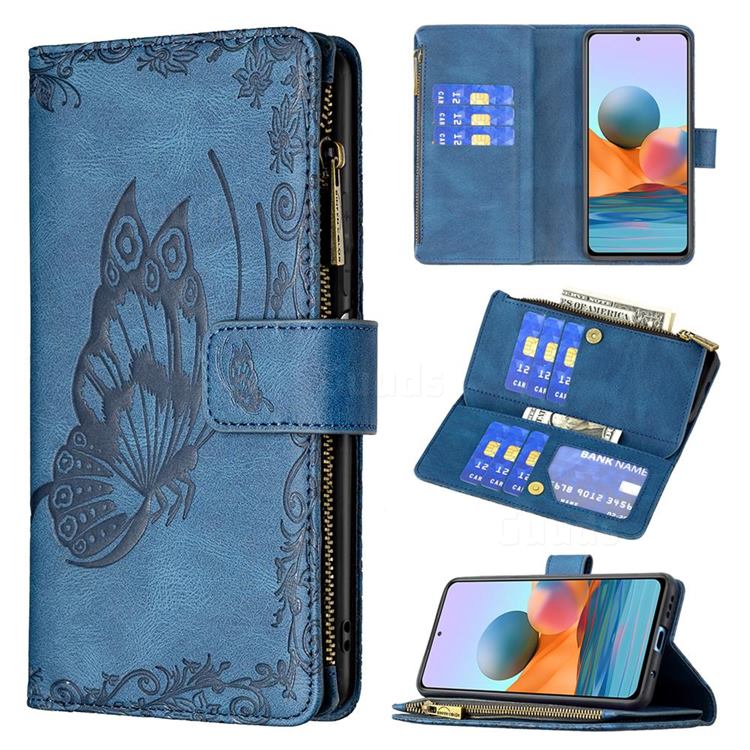 Binfen Color Imprint Vivid Butterfly Buckle Zipper Multi-function Leather Phone Wallet for Xiaomi Redmi Note 10 Pro / Note 10 Pro Max - Blue