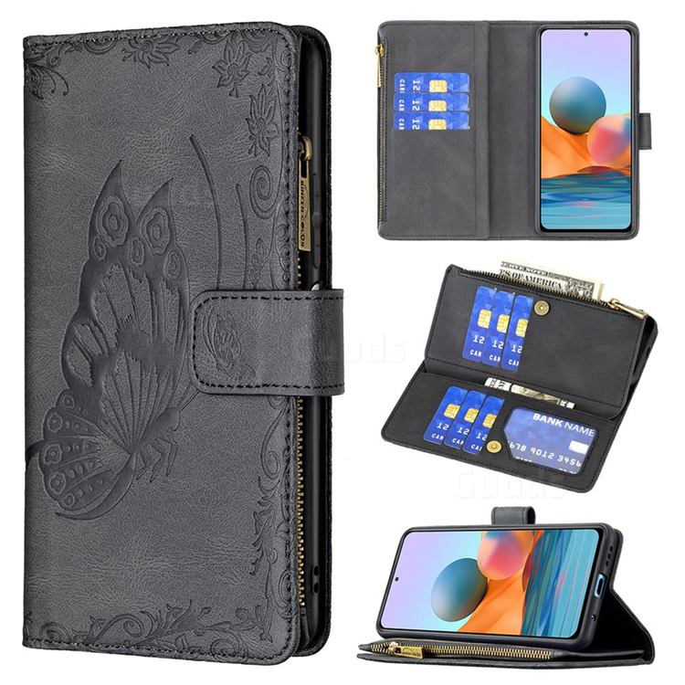 Binfen Color Imprint Vivid Butterfly Buckle Zipper Multi-function Leather Phone Wallet for Xiaomi Redmi Note 10 Pro / Note 10 Pro Max - Black