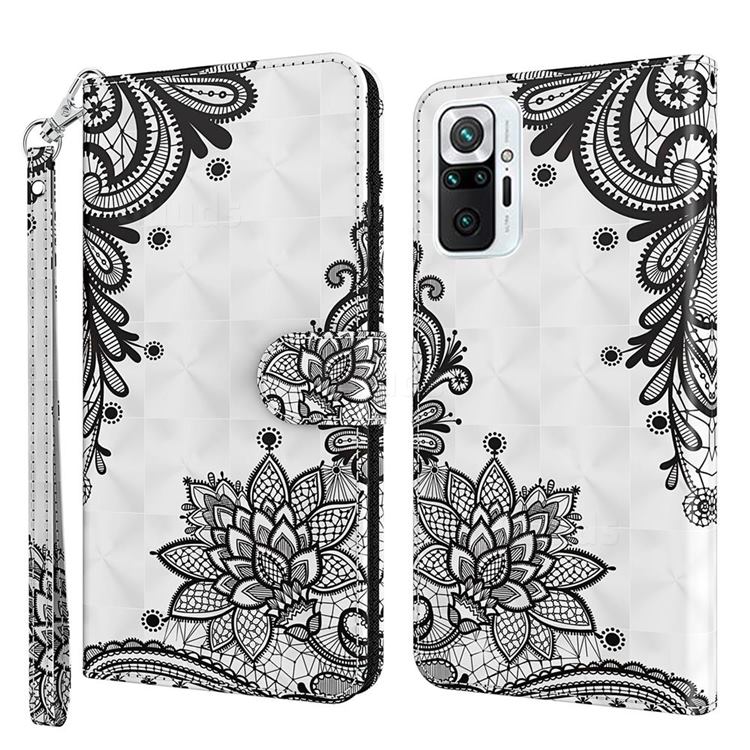 Black Lace Flower 3D Painted Leather Wallet Case for Xiaomi Redmi Note 10 Pro / Note 10 Pro Max