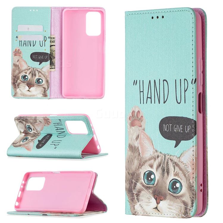 Hand Up Cat Slim Magnetic Attraction Wallet Flip Cover for Xiaomi Redmi Note 10 Pro / Note 10 Pro Max