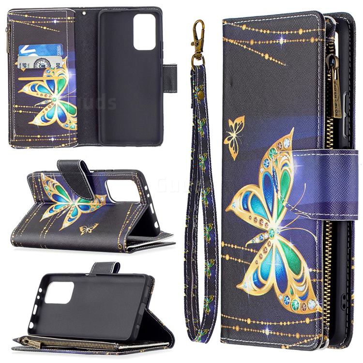 Golden Shining Butterfly Binfen Color BF03 Retro Zipper Leather Wallet Phone Case for Xiaomi Redmi Note 10 Pro / Note 10 Pro Max
