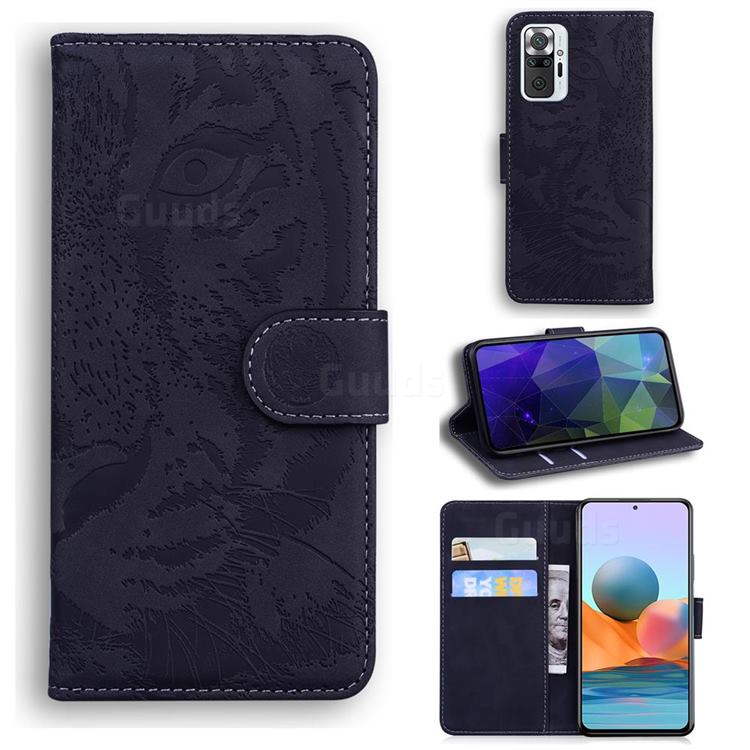 Intricate Embossing Tiger Face Leather Wallet Case for Xiaomi Redmi Note 10 Pro / Note 10 Pro Max - Black