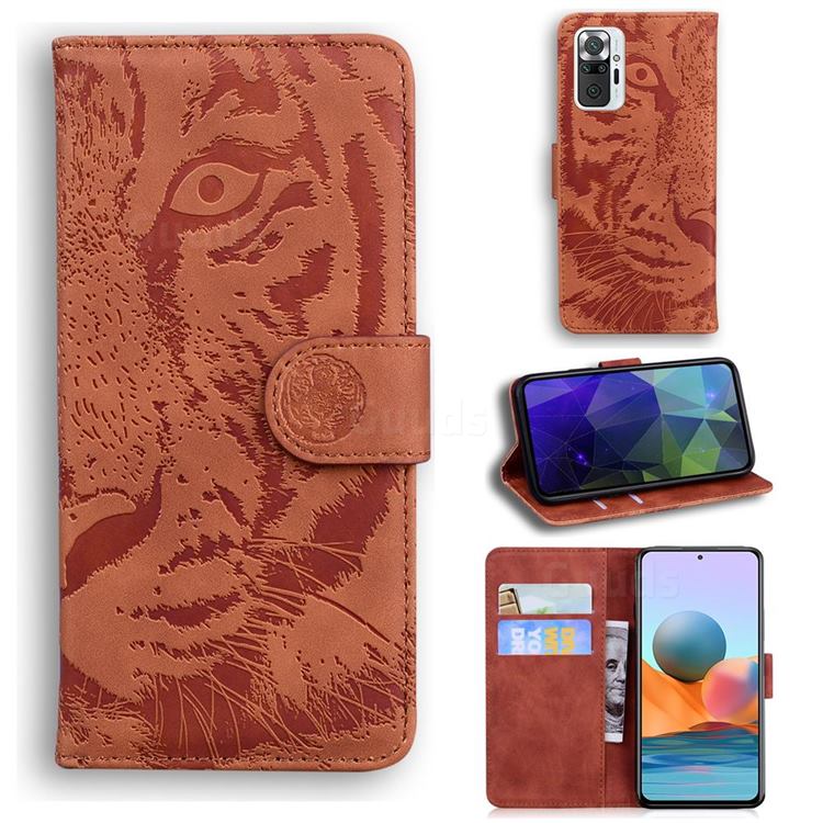 Intricate Embossing Tiger Face Leather Wallet Case for Xiaomi Redmi Note 10 Pro / Note 10 Pro Max - Brown