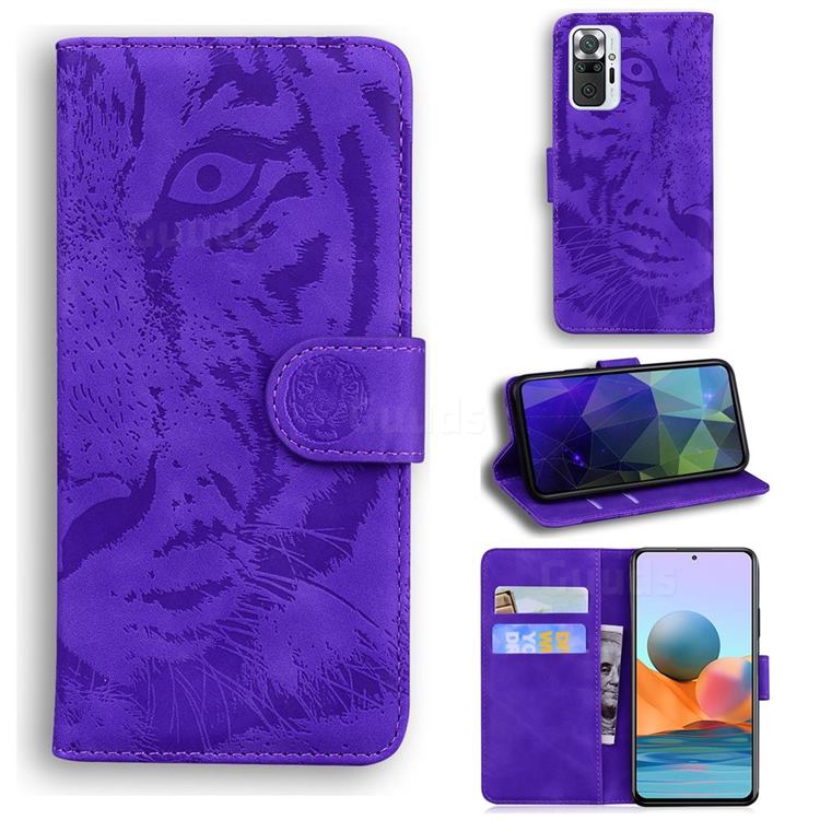 Intricate Embossing Tiger Face Leather Wallet Case for Xiaomi Redmi Note 10 Pro / Note 10 Pro Max - Purple