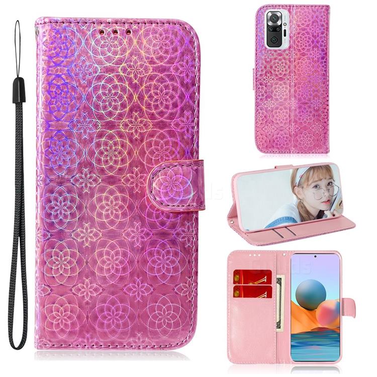 Laser Circle Shining Leather Wallet Phone Case for Xiaomi Redmi Note 10 Pro / Note 10 Pro Max - Pink