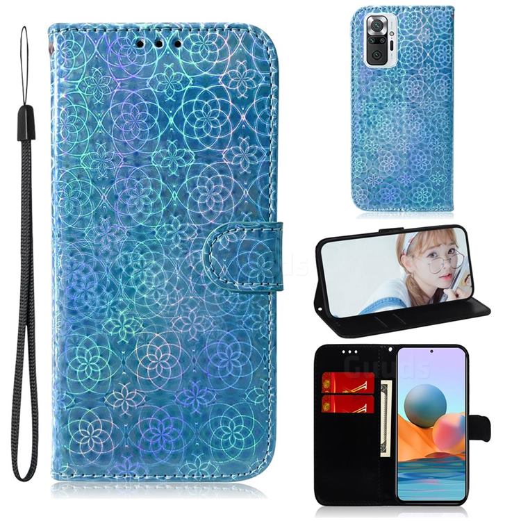 Laser Circle Shining Leather Wallet Phone Case for Xiaomi Redmi Note 10 Pro / Note 10 Pro Max - Blue