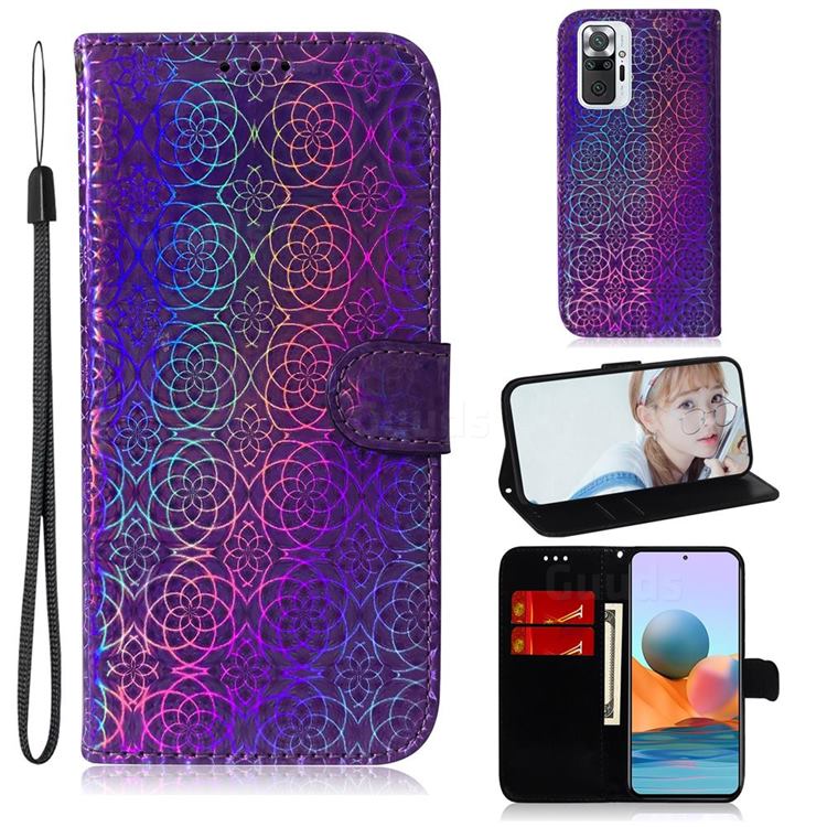 Laser Circle Shining Leather Wallet Phone Case for Xiaomi Redmi Note 10 Pro / Note 10 Pro Max - Purple