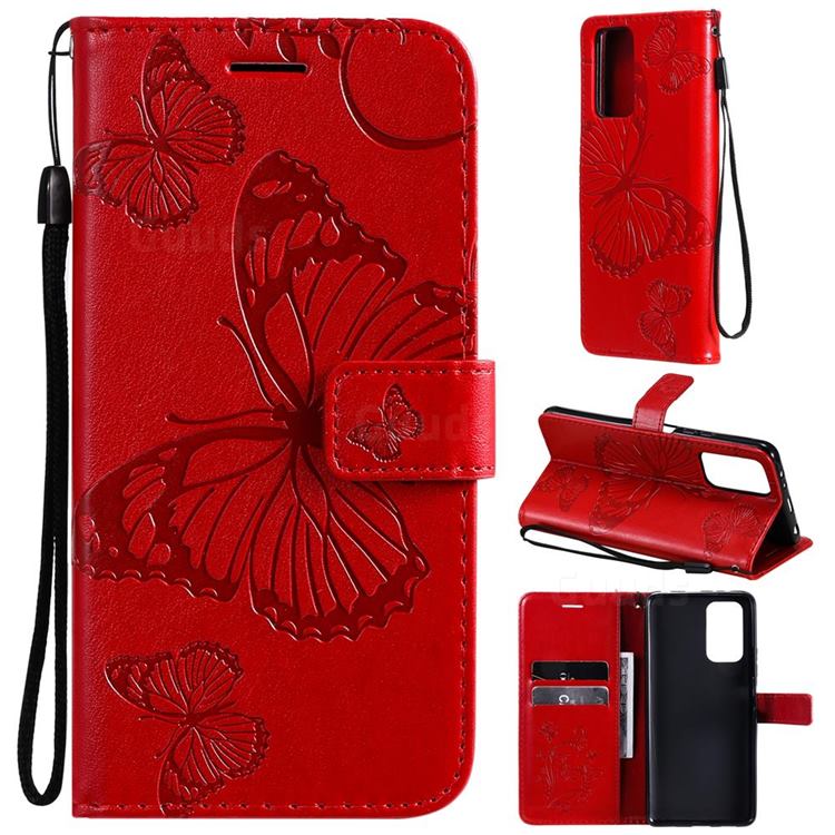 Embossing 3D Butterfly Leather Wallet Case for Xiaomi Redmi Note 10 Pro / Note 10 Pro Max - Red