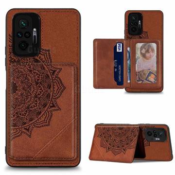 Mandala Flower Cloth Multifunction Stand Card Leather Phone Case for Xiaomi Redmi Note 10 Pro / Note 10 Pro Max - Brown