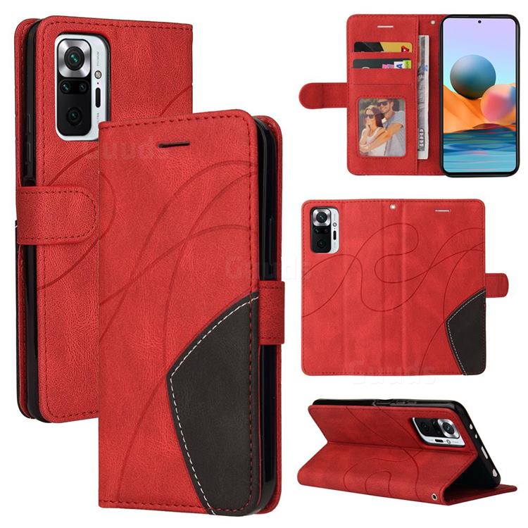Luxury Two-color Stitching Leather Wallet Case Cover for Xiaomi Redmi Note 10 Pro / Note 10 Pro Max - Red