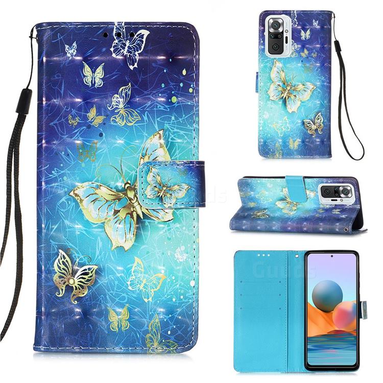 Gold Butterfly 3D Painted Leather Wallet Case for Xiaomi Redmi Note 10 Pro / Note 10 Pro Max